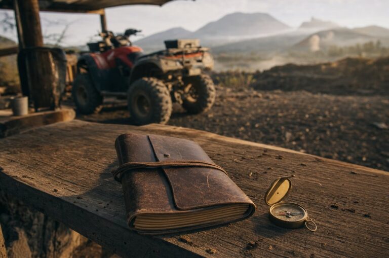 A field notebook and compass on a table with an ATV in the background