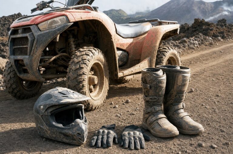 ATV safety gear laid out next to a parked ATV