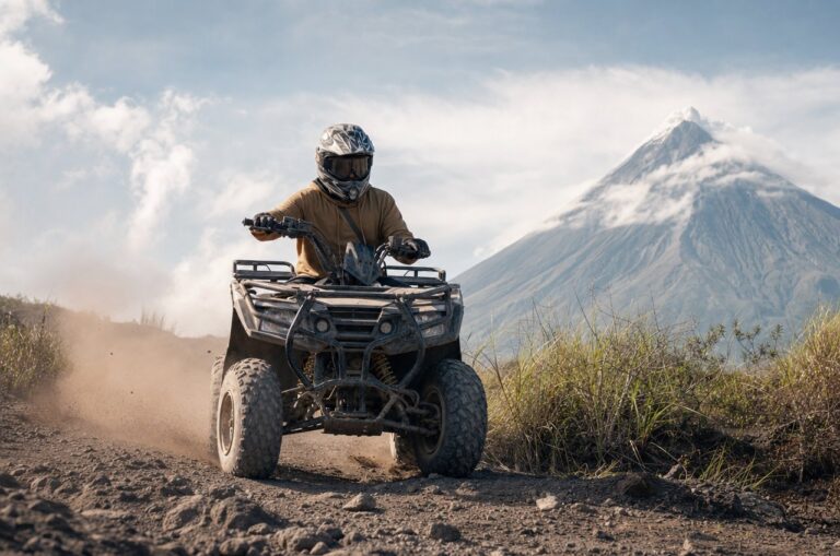 Front three-quarter view of an ATV rider cresting a rise with Mayon Volcano to one side
