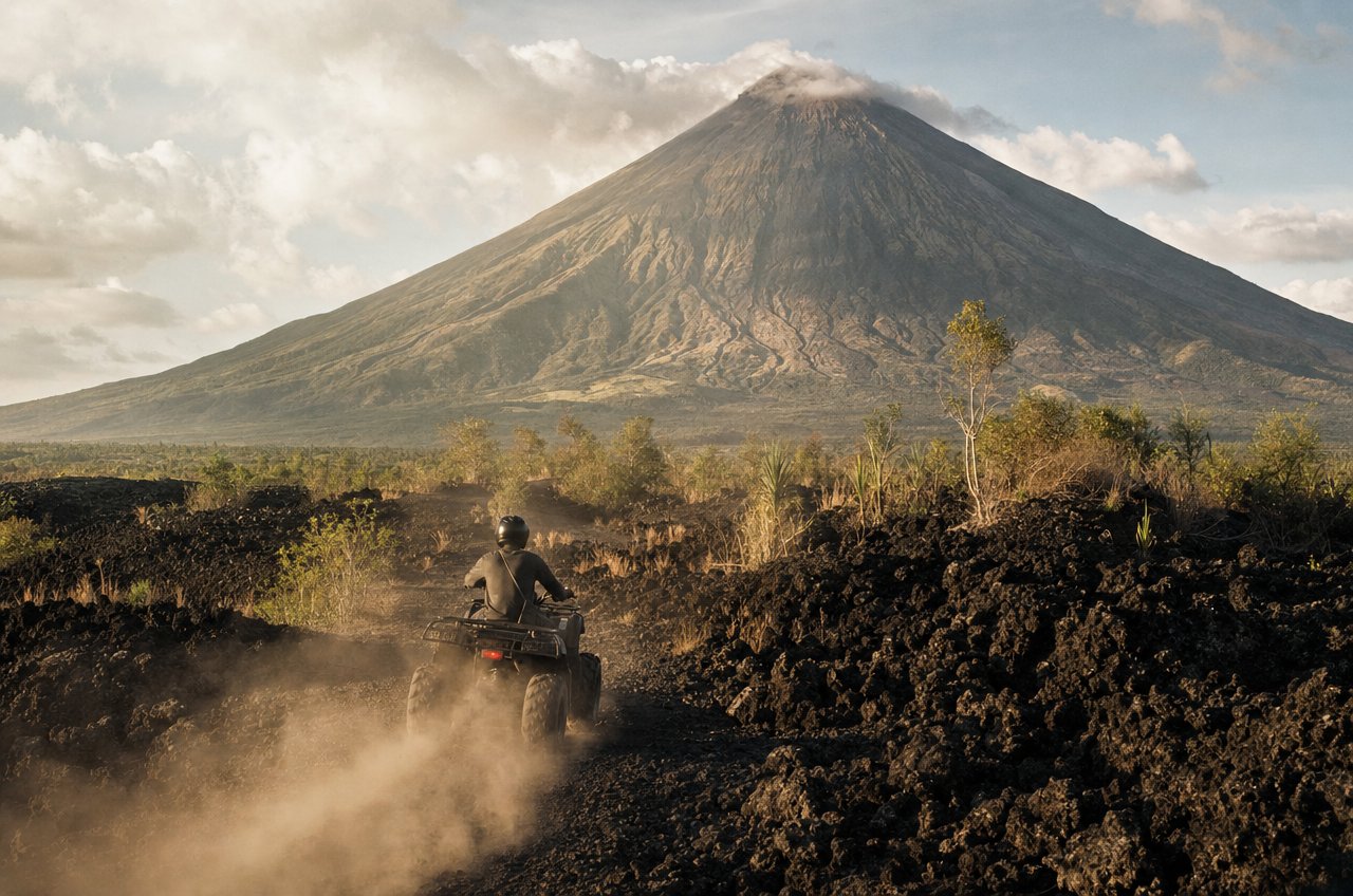ATV rider crossing the black lava field on Mayon Volcanos lower slope